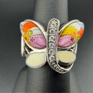 Designer Alan K 925 Sterling Silver Colorful Glass Gemstone Butterfly Ring Sz 7